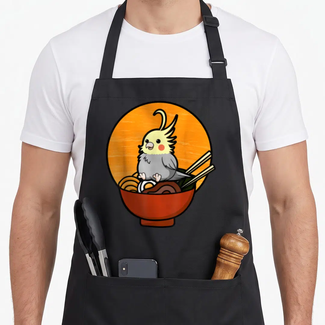Lutino bird apron - Cartoon cockatiel sitting in red noodle bowl with chopsticks on orange circle background — shown on a black cotton canvas apron against a white background
