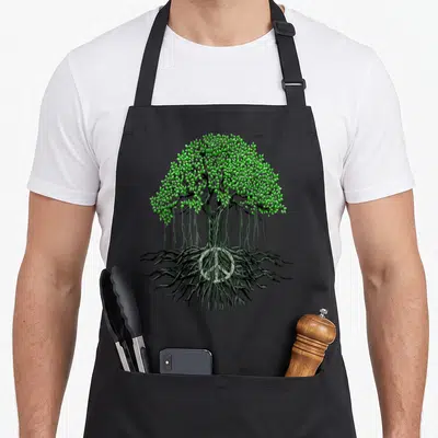 Kindness tree apron - Realistic green tree with dark green roots forming a peace symbol — shown on a black cotton canvas apron against a white background