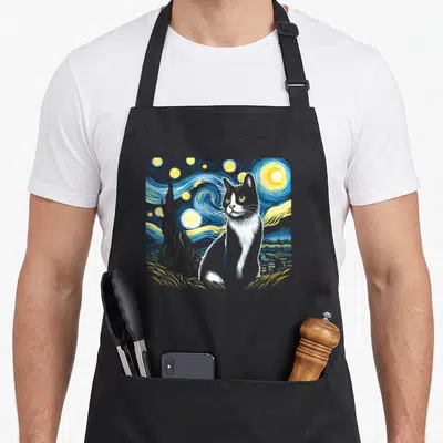 Night tuxedo apron - Grey and white cat sitting in a swirling blue night sky with yellow stars and a cypress tree — shown on a black cotton canvas apron against a white background