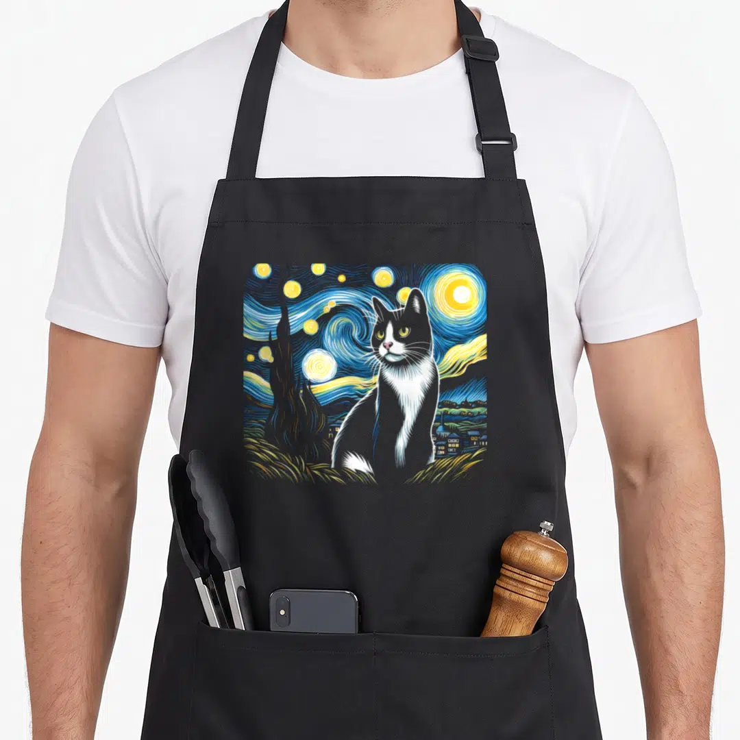 Night tuxedo apron - Grey and white cat sitting in a swirling blue night sky with yellow stars and a cypress tree — shown on a black cotton canvas apron against a white background