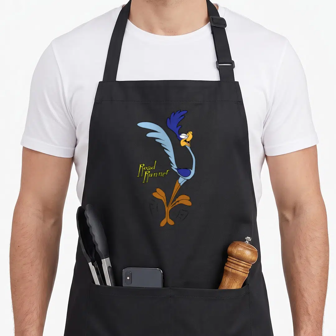 Retro runner road apron - Road Runner character in blue orange yellow with text Road Runner to the left — shown on a black cotton canvas apron against a white background