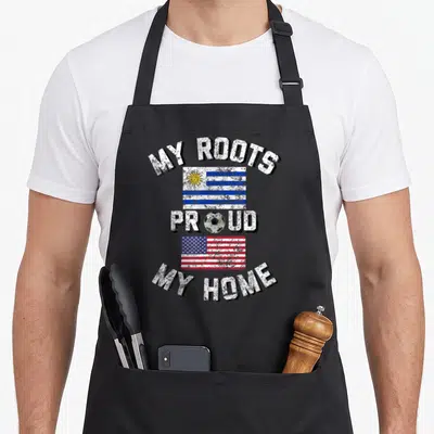 Soccer uruguay apron - My Roots My Home text with Uruguayan and USA flags and soccer ball in distressed style — shown on a black cotton canvas apron against a white background