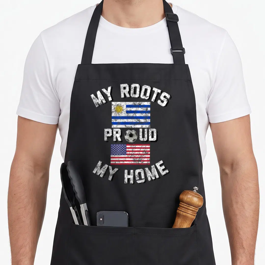 Soccer uruguay apron - My Roots My Home text with Uruguayan and USA flags and soccer ball in distressed style — shown on a black cotton canvas apron against a white background
