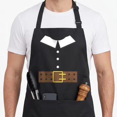 Pilgrim costume thanksgiving day aprons - White collar, three buttons, brown belt, and gold buckle graphic — shown on a black cotton canvas apron against a white background
