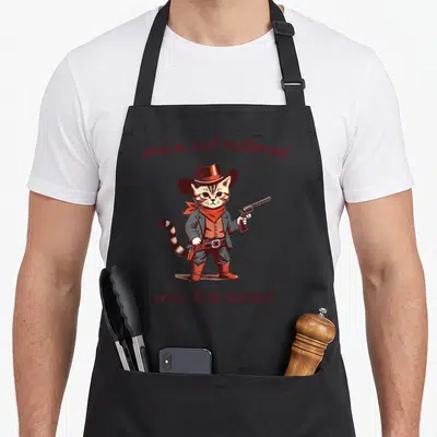 Buttered cat apron - Cartoon cowboy cat holding gun with text you've just buttered your last biscuit — shown on a black cotton canvas apron against a white background