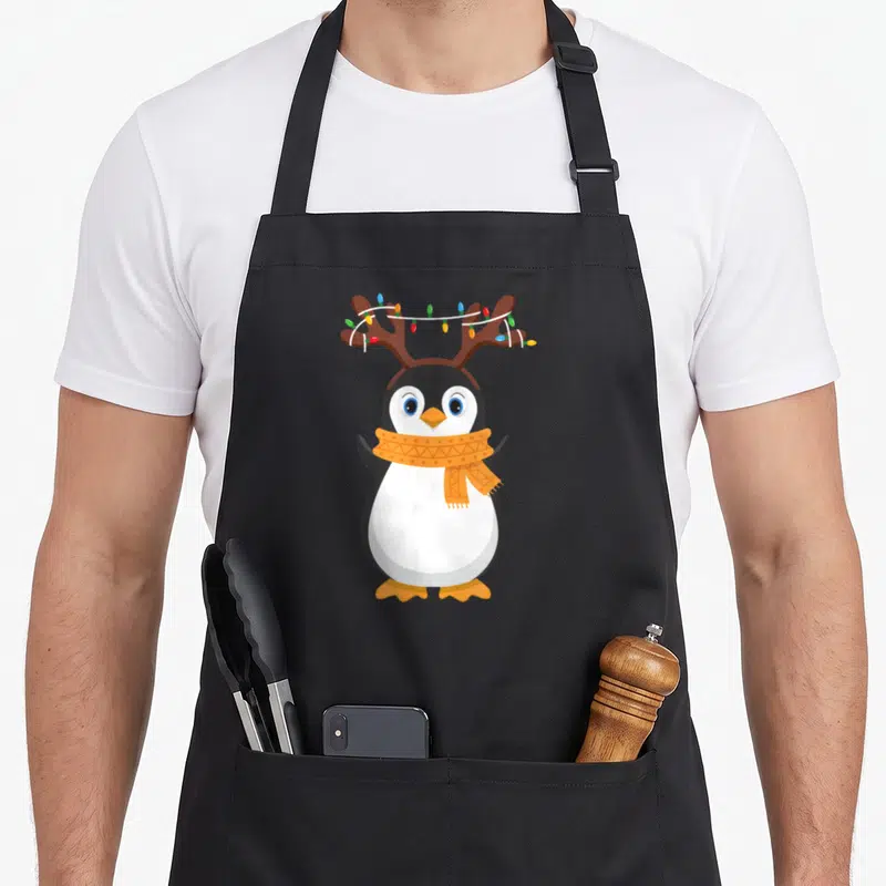 Penguin reindeer apron - Cartoon penguin with brown antlers, wrapped lights, and orange scarf — shown on a black cotton canvas apron against a white background