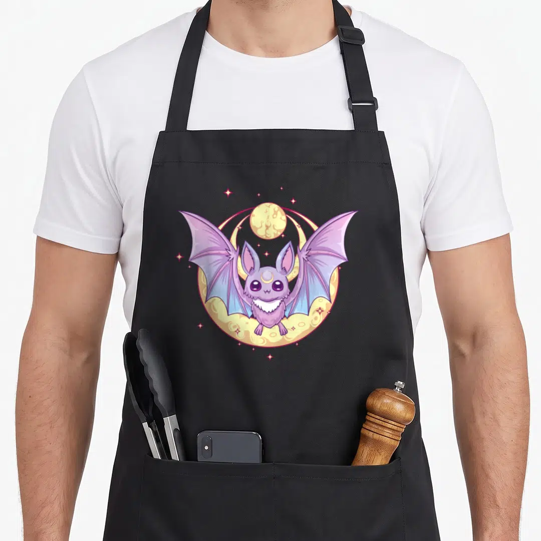 Bat goth apron - Cute purple bat centered before yellow moon with scattered red stars in cartoon style — shown on a black cotton canvas apron against a white background