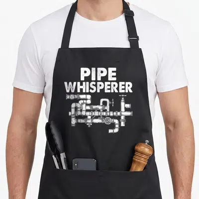 Whisperer pipe apron - Distressed white text PIPE WHISPERER above a technical drawing of industrial pipes and valves — shown on a black cotton canvas apron against a white background
