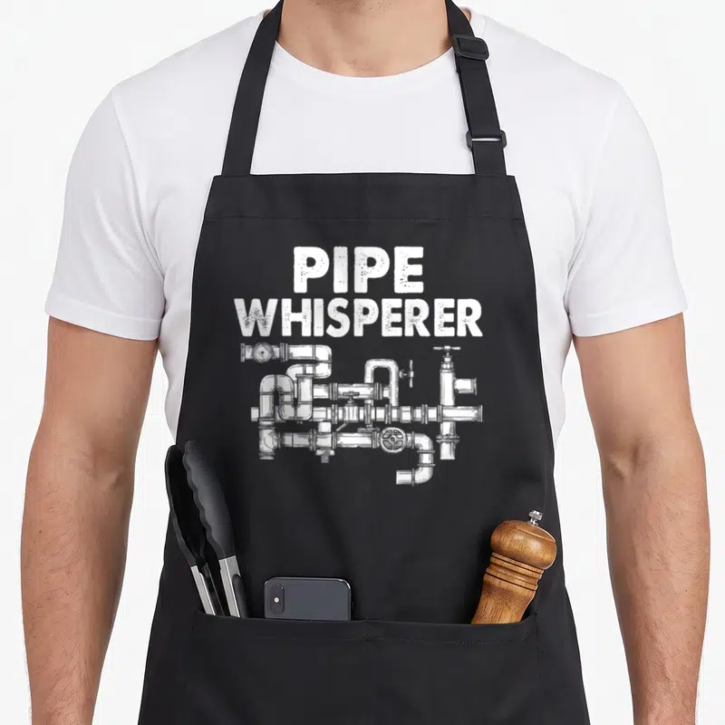 Whisperer pipe apron - Distressed white text PIPE WHISPERER above a technical drawing of industrial pipes and valves — shown on a black cotton canvas apron against a white background