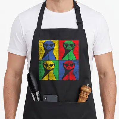 Pop suricate apron - Four meerkats in yellow red green and blue pop art grid squares — shown on a black cotton canvas apron against a white background