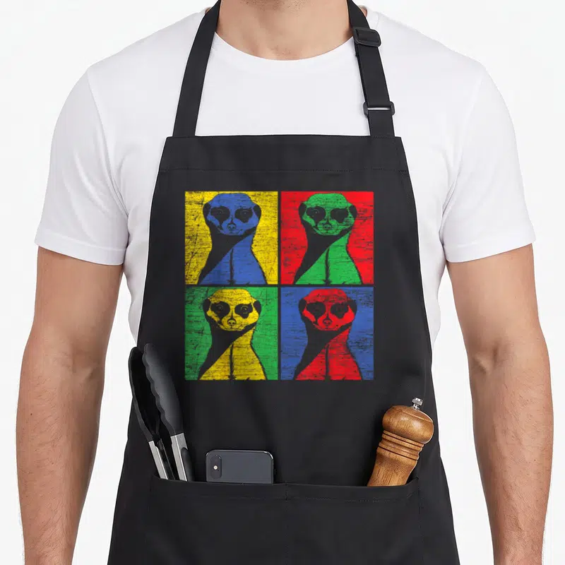 Pop suricate apron - Four meerkats in yellow red green and blue pop art grid squares — shown on a black cotton canvas apron against a white background