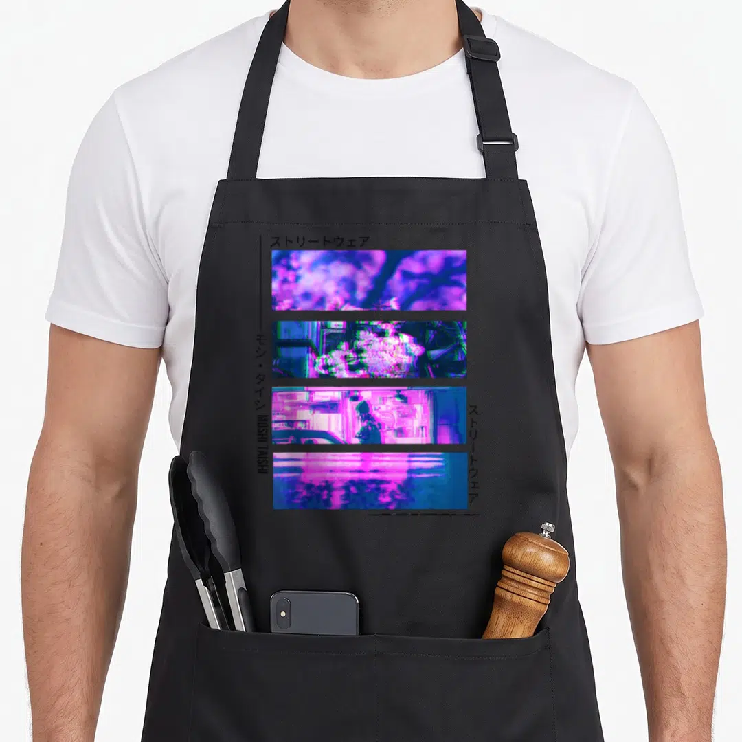 Glitch streetwear apron - Four stacked neon city photos with MOSHI TAISHI text in purple blue pink and black — shown on a black cotton canvas apron against a white background