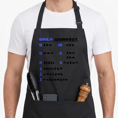 Gamer daily apron - Blue pixel numbers and black arrow sequences arranged in a grid list under a header line — shown on a black cotton canvas apron against a white background