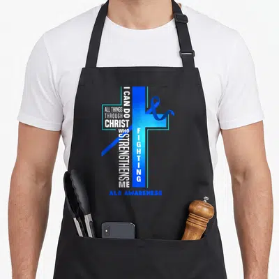 Als faith aprons - Blue gradient cross with white scripture text and blue ribbon symbol — shown on a black cotton canvas apron against a white background