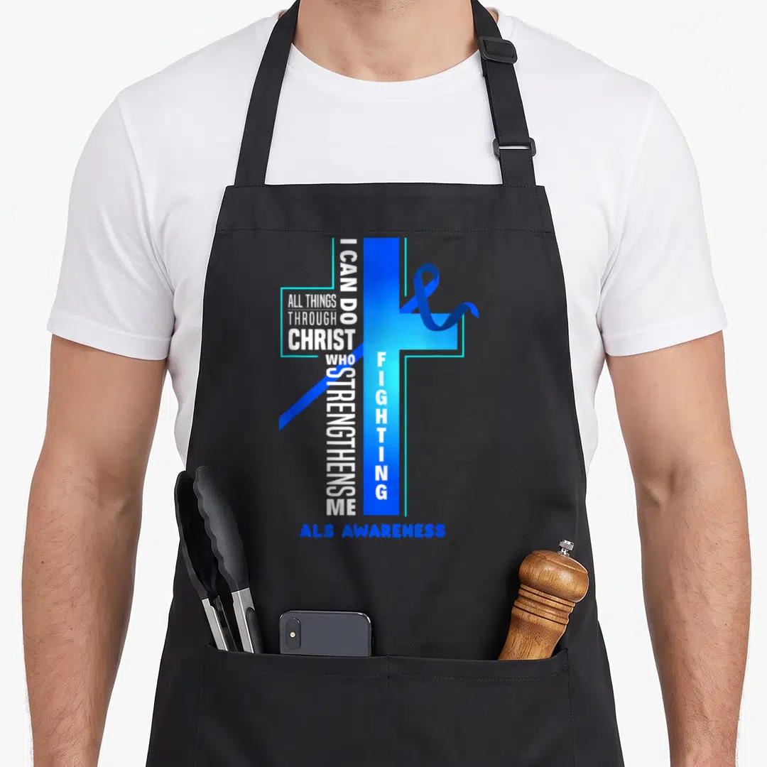 Als faith aprons - Blue gradient cross with white scripture text and blue ribbon symbol — shown on a black cotton canvas apron against a white background