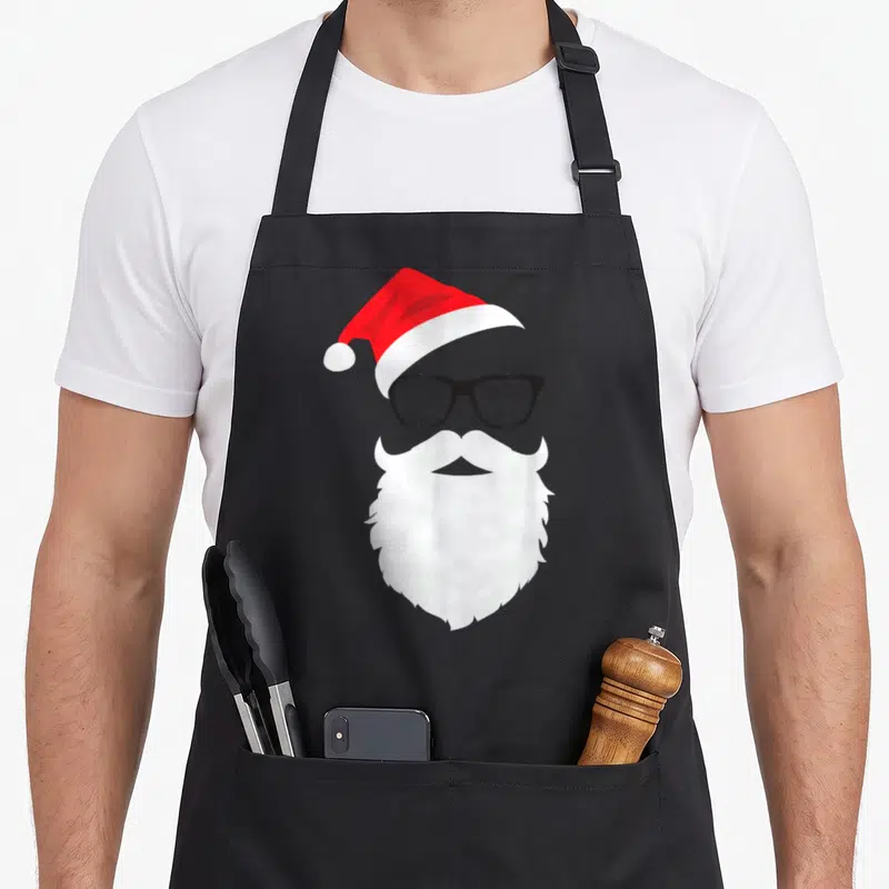 Face santa aprons - Minimalist Santa face with red hat, black glasses, and white beard graphic — shown on a black cotton canvas apron against a white background