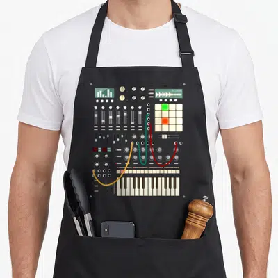 Music modern apron - Synthesizer panel with grey chassis, colored cables, knobs, sliders, pads, and keyboard keys — shown on a black cotton canvas apron against a white background
