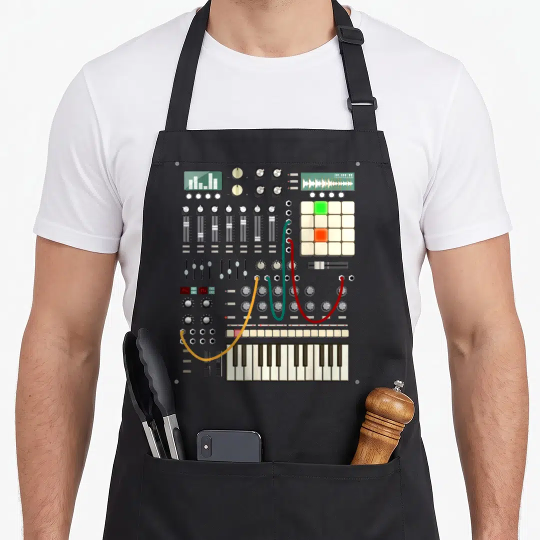 Music modern apron - Synthesizer panel with grey chassis, colored cables, knobs, sliders, pads, and keyboard keys — shown on a black cotton canvas apron against a white background