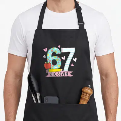 Six teacher apron - Cartoon 67 with floral six, lined seven, red apple, yellow pencil, and hearts — shown on a black cotton canvas apron against a white background