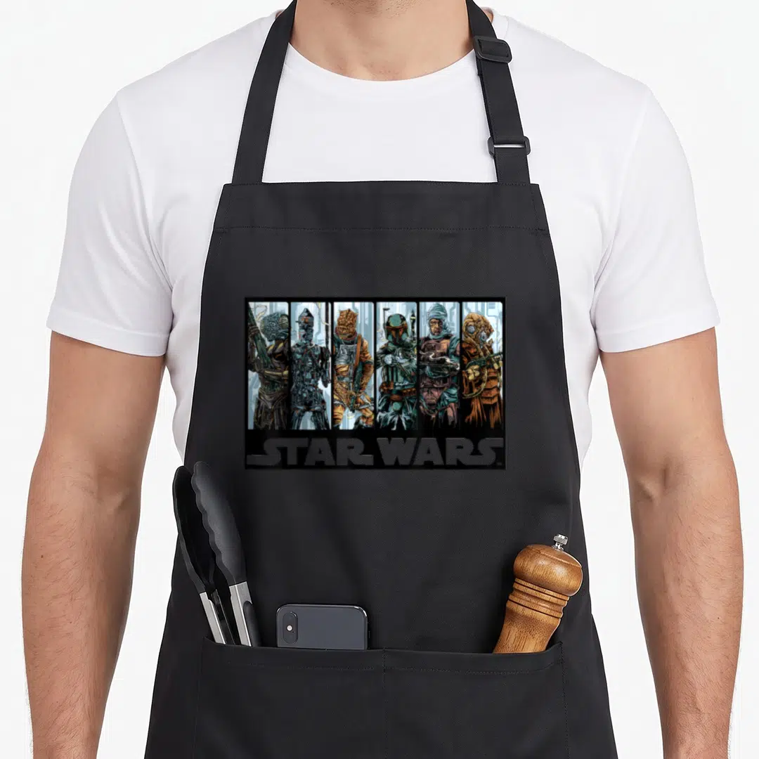 Villain hunter apron - Six realistic bounty hunters in vertical panels with blue, brown, grey, and white details above — shown on a black cotton canvas apron against a white background