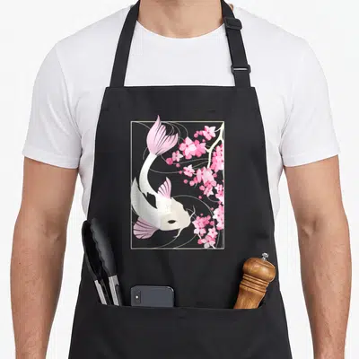Fish cherry apron - Vertical koi fish and pink cherry blossoms in a rectangular frame — shown on a black cotton canvas apron against a white background