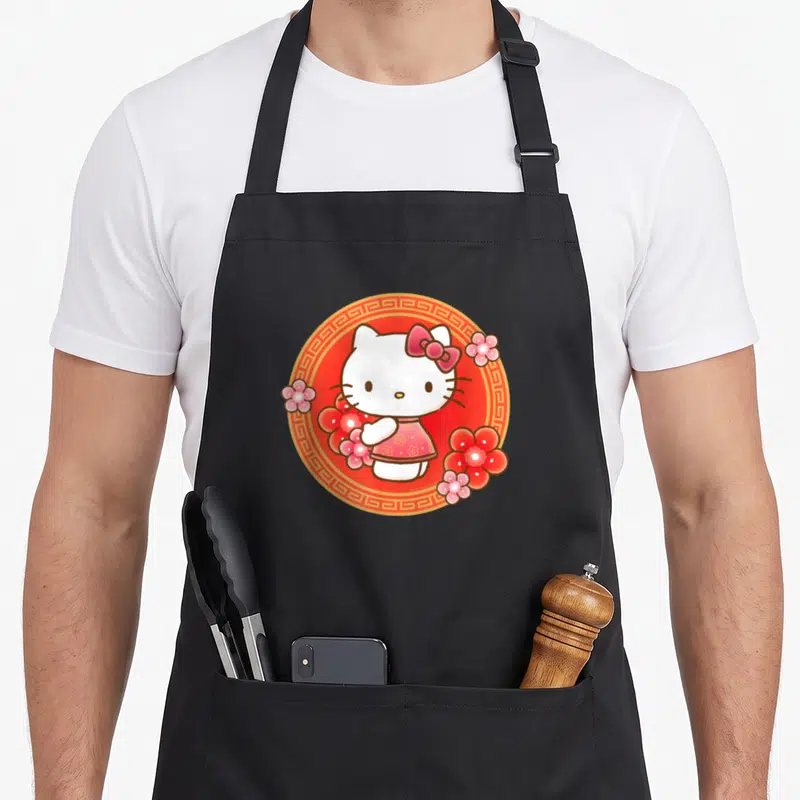 Flower lunar apron - Hello Kitty in red and gold circle with pink and red flowers — shown on a black cotton canvas apron against a white background