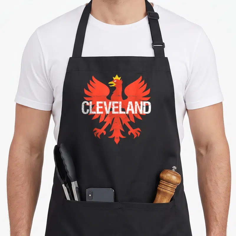 Cleveland polish aprons - Red phoenix with yellow crown and distressed white CLEVELAND text across chest — shown on a black cotton canvas apron against a white background