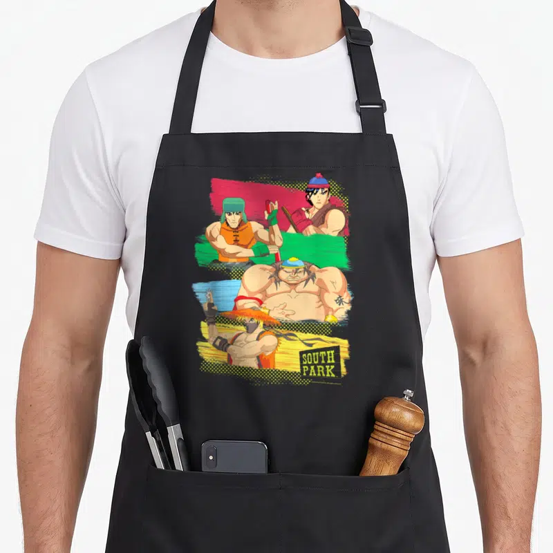 Park anime apron - Three muscular cartoon characters stacked vertically against orange, blue, yellow, and green — shown on a black cotton canvas apron against a white background