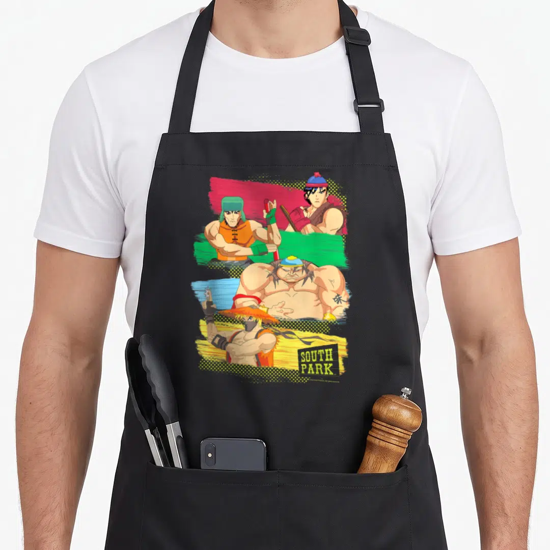 Park anime apron - Three muscular cartoon characters stacked vertically against orange, blue, yellow, and green — shown on a black cotton canvas apron against a white background