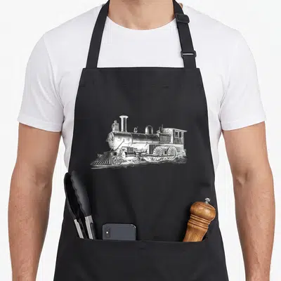 Steam mechanic apron - White and grey sketch of a steam locomotive centered on a black background — shown on a black cotton canvas apron against a white background