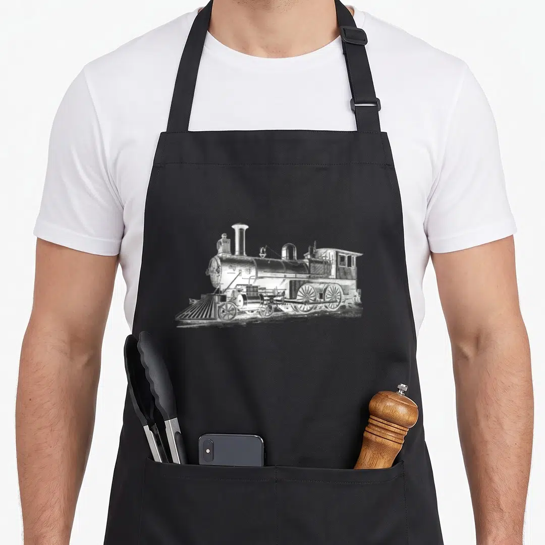 Steam mechanic apron - White and grey sketch of a steam locomotive centered on a black background — shown on a black cotton canvas apron against a white background