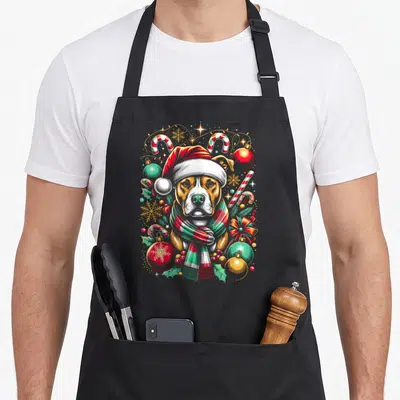 Pitbull women's christmas apron - Realistic dog wearing red santa hat and striped scarf surrounded by candy canes — shown on a black cotton canvas apron against a white background