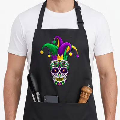 Skull mardi gras aprons - Cartoon sugar skull with jester hat in purple green yellow and white — shown on a black cotton canvas apron against a white background