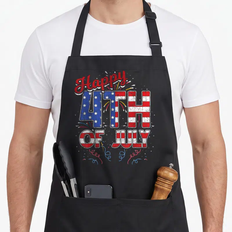 Firework flag 4th of july apron - Distressed Happy 4th of July text filled with US flag pattern and fireworks — shown on a black cotton canvas apron against a white background