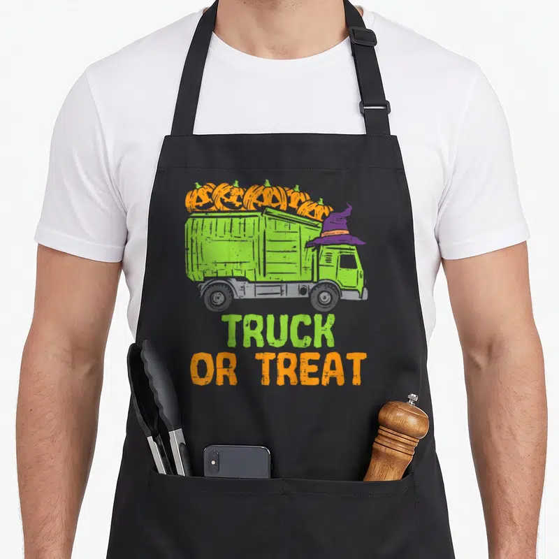 Baby truck apron - Green garbage truck with orange pumpkins and purple witch hat, TRUCK OR TREAT text — shown on a black cotton canvas apron against a white background