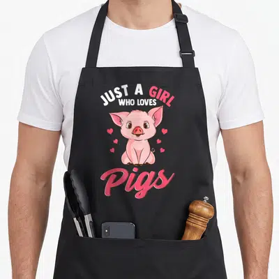 Hog farmer apron - Cartoon pink pig with arched text JUST A GIRL WHO LOVES Pigs and six hearts — shown on a black cotton canvas apron against a white background