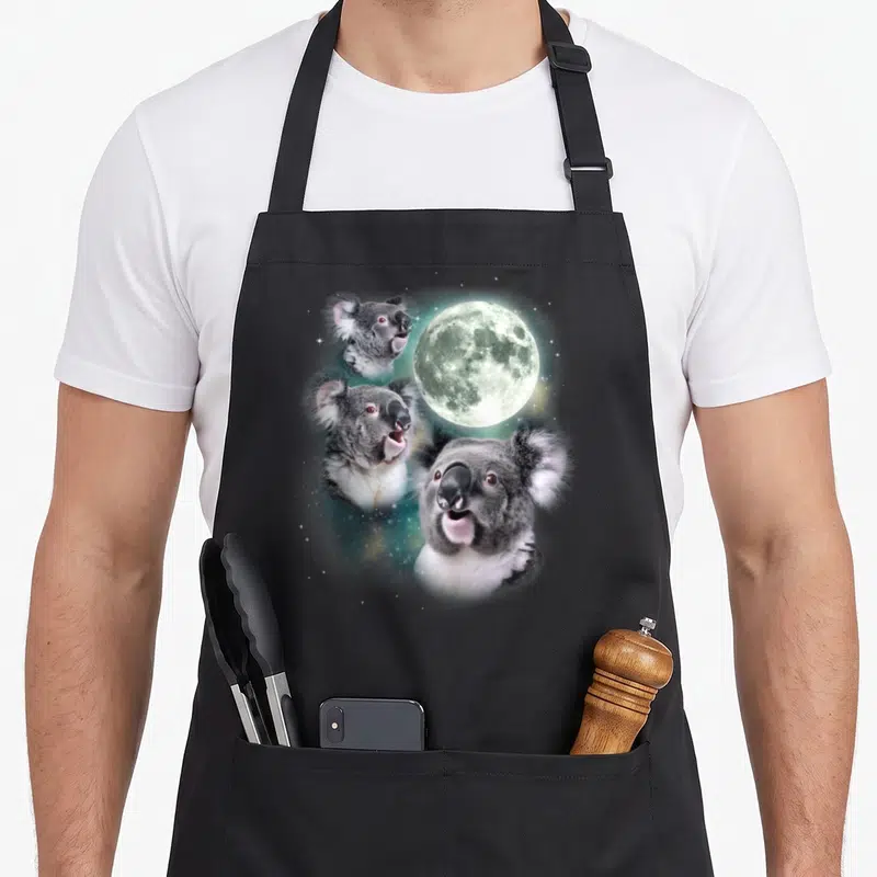 Three quirky apron - Three grey and white koala heads arranged around a pale green moon with stars — shown on a black cotton canvas apron against a white background