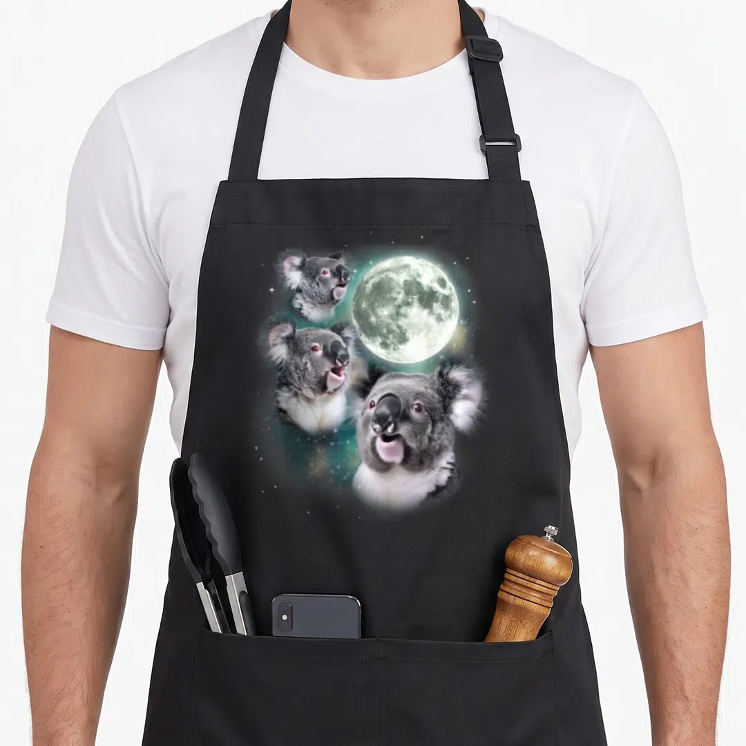 Three quirky apron - Three grey and white koala heads arranged around a pale green moon with stars — shown on a black cotton canvas apron against a white background