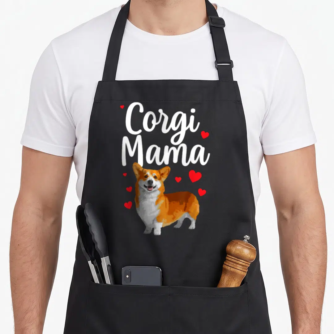 Dog welsh apron - Corgi Mama text above orange white corgi with red hearts — shown on a black cotton canvas apron against a white background