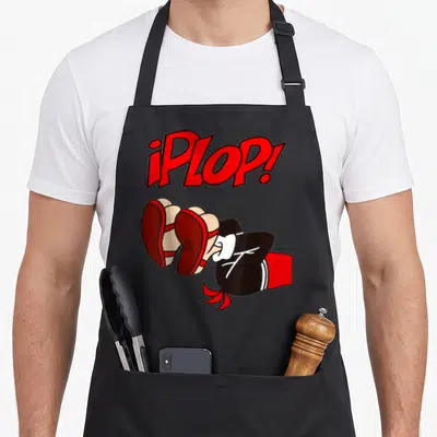 Plop fall apron - Red iPLOP! text above cartoon person lying face down with feet visible in tan and black — shown on a black cotton canvas apron against a white background