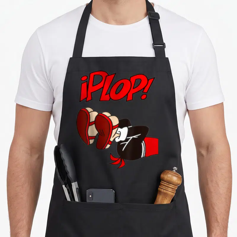 Plop fall apron - Red iPLOP! text above cartoon person lying face down with feet visible in tan and black — shown on a black cotton canvas apron against a white background