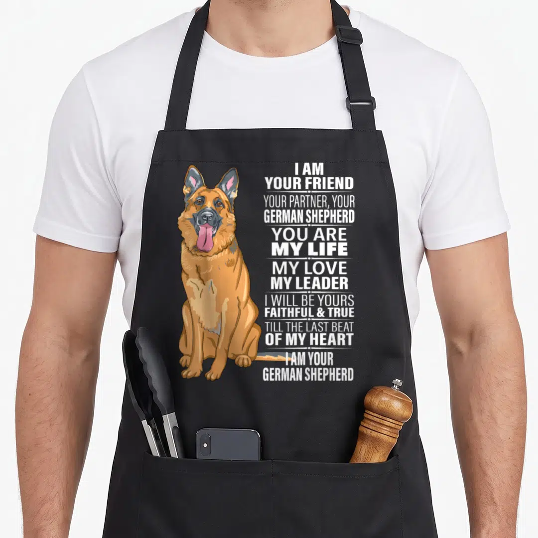 Friend dog mom apron - Realistic German Shepherd sitting next to stacked white text declaring friendship and loyalty — shown on a black cotton canvas apron against a white background