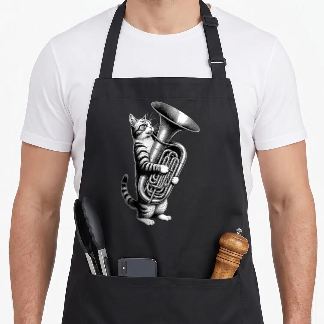 Marching cat apron - Standing black and white line-art cat holding a large tuba with striped tail — shown on a black cotton canvas apron against a white background