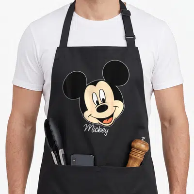 Funny face friends apron - Cartoon Mickey Mouse head with beige face, black ears, orange tongue, and white script text — shown on a black cotton canvas apron against a white background