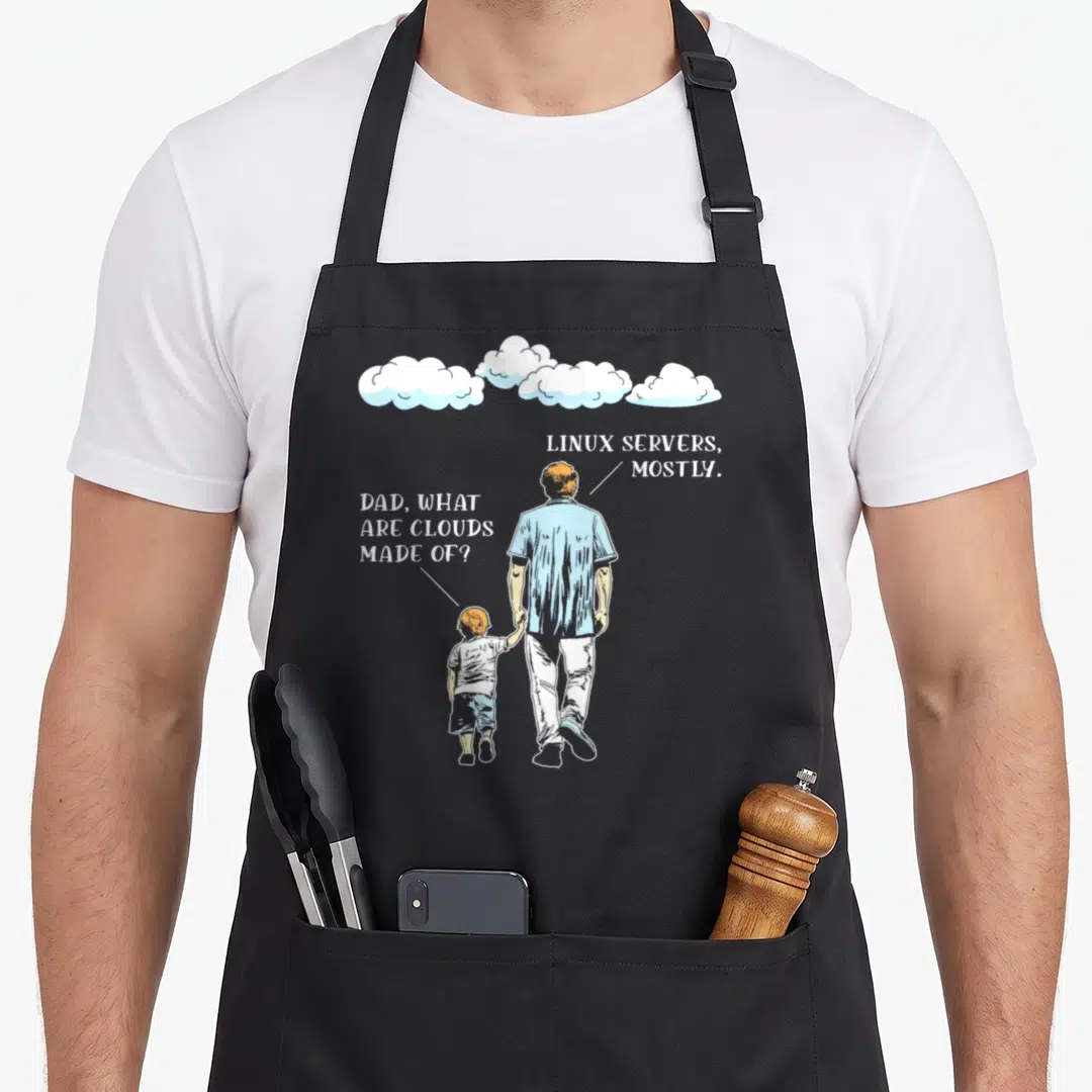 Cloud developer problems apron - Father and son walking under three clouds with speech bubbles about Linux servers — shown on a black cotton canvas apron against a white background