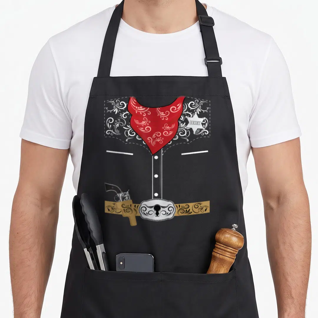 Western halloween apron - Cartoon cowboy shirt with red bandana, sheriff badge, gun, and bull-head belt buckle — shown on a black cotton canvas apron against a white background