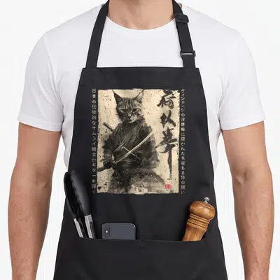 Ukiyo samurai cat apron - Realistic cat in samurai armor holding katana with vertical Japanese text on weathered beige — shown on a black cotton canvas apron against a white background