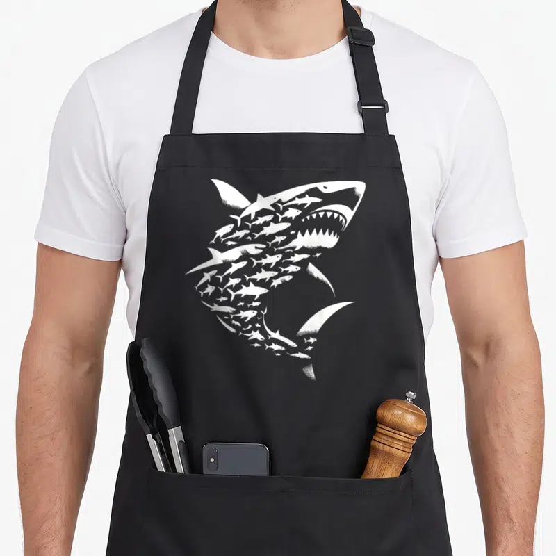 Marine science apron - White shark silhouette formed by cluster of smaller swimming sharks, minimalist style — shown on a black cotton canvas apron against a white background