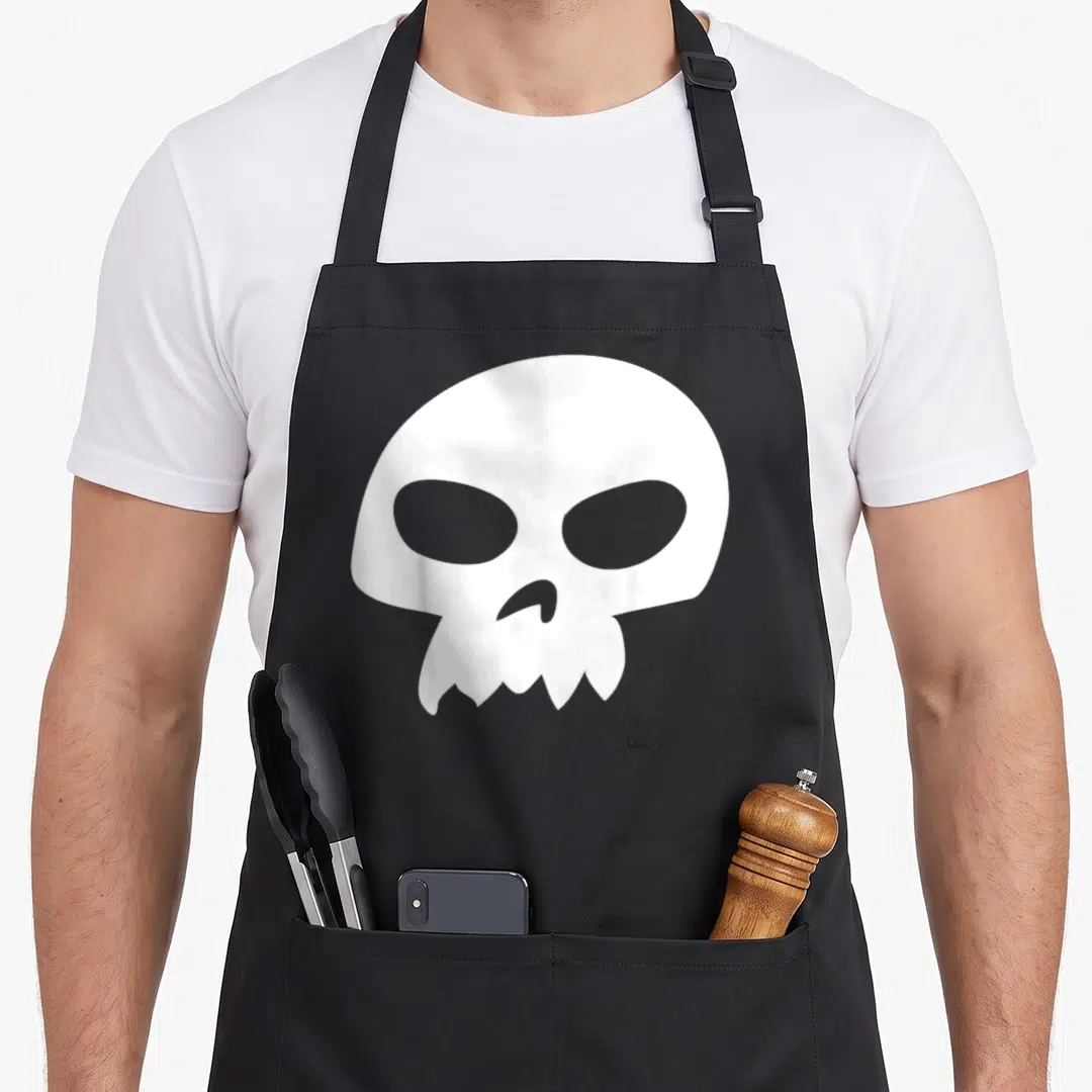 Sid halloween white apron - Large white minimalist skull centered on grey background with small logo at bottom right — shown on a black cotton canvas apron against a white background