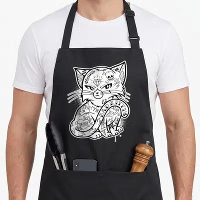 Kitty punk rock apron - White cat with black tattoos reading Vicious BAD KITTY FTW MOM 13 — shown on a black cotton canvas apron against a white background